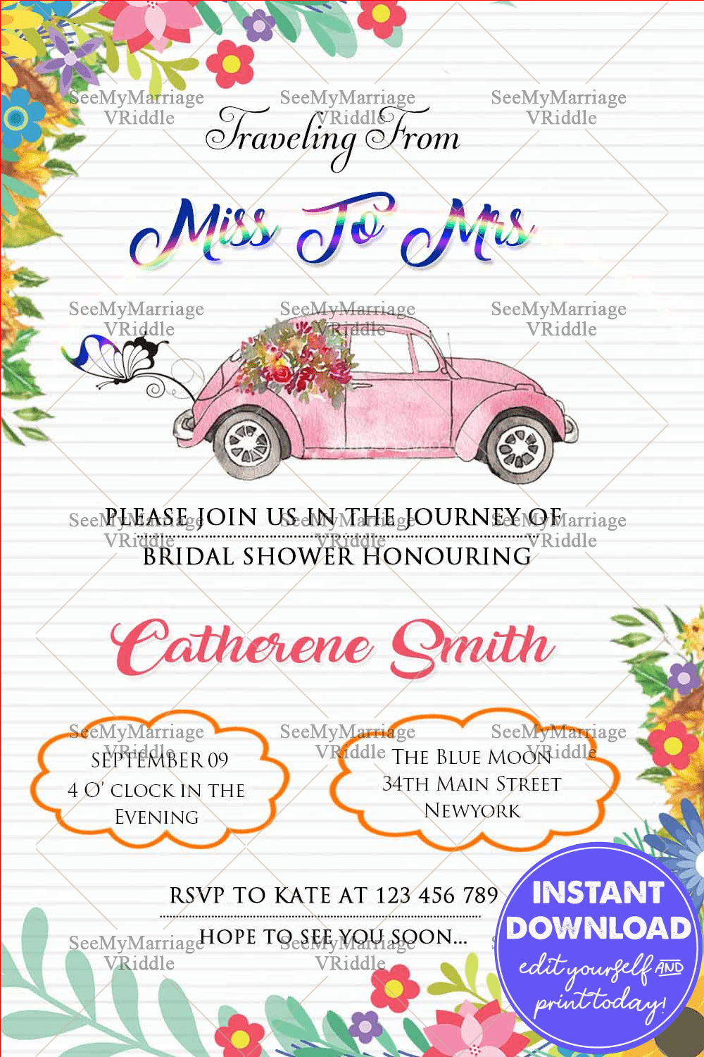 Sunflower Theme Pink Roses Decorated Bridal Shower Invitation Card