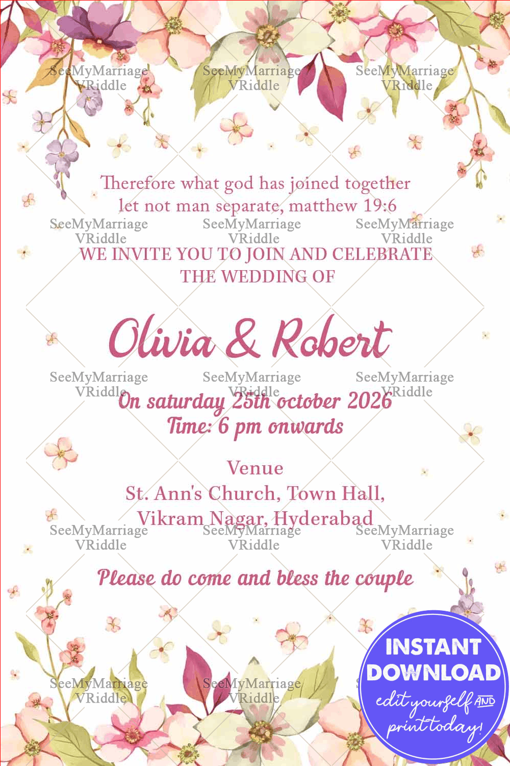 They Are No Longer Two But One White Floral Theme Christian Wedding Invitation Card