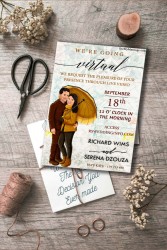 Caricature Theme Virtual Wedding Announcement Invitation Card With City Background And Couple Caricatures