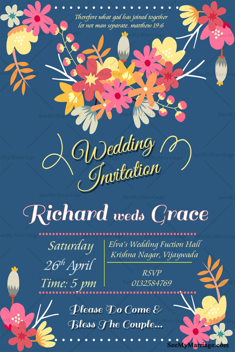 A Fulfilling Marriage Bluish Floral Theme Traditional Christian Wedding Invitation Card