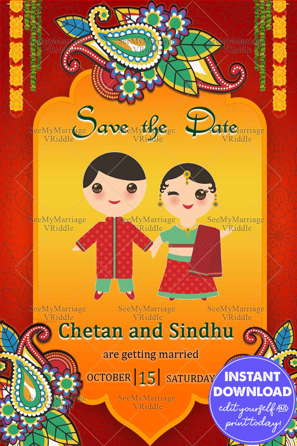 North Indian Traditional Funky Bride And Groom Characters Save The Date Invitation Red Theme Card