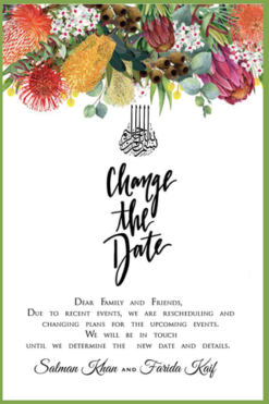 Colorful Floral Theme Change The Date Muslim Wedding Announcement Card