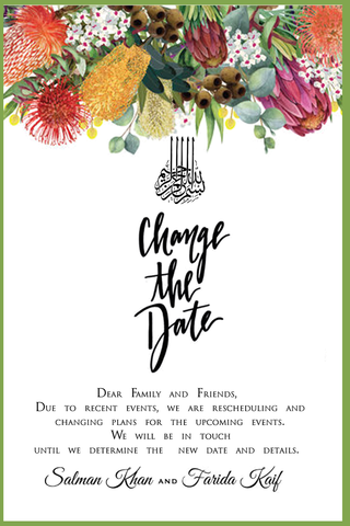 Colorful Floral Theme Change The Date Muslim Wedding Announcement Card