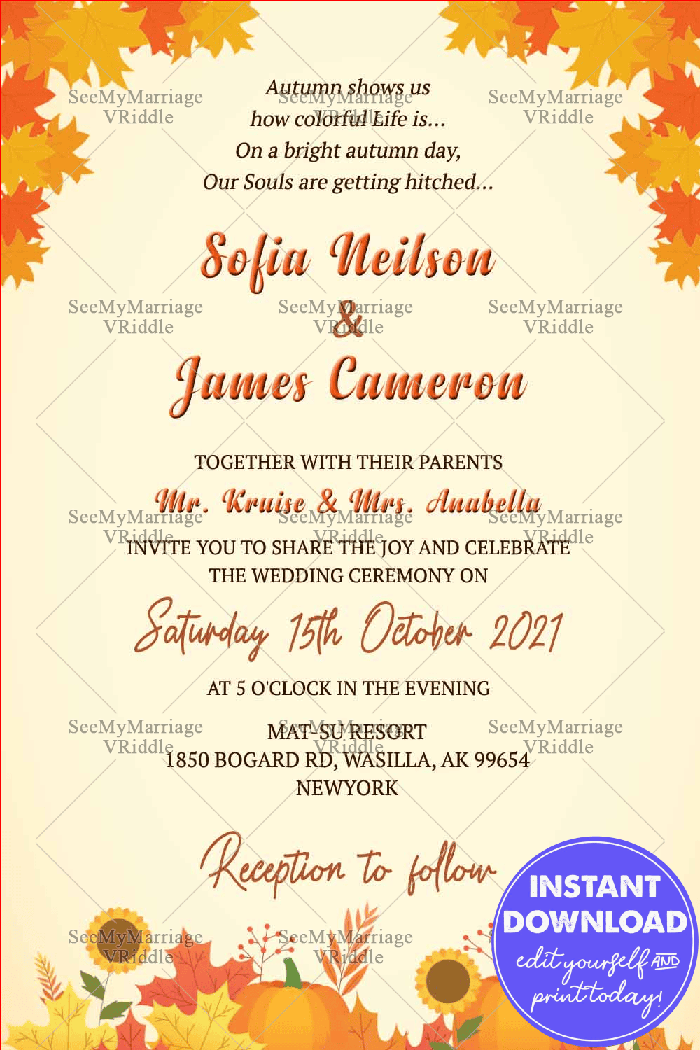An Autumn Wedding Invitation, Autumn Leaves, Editable, Fall