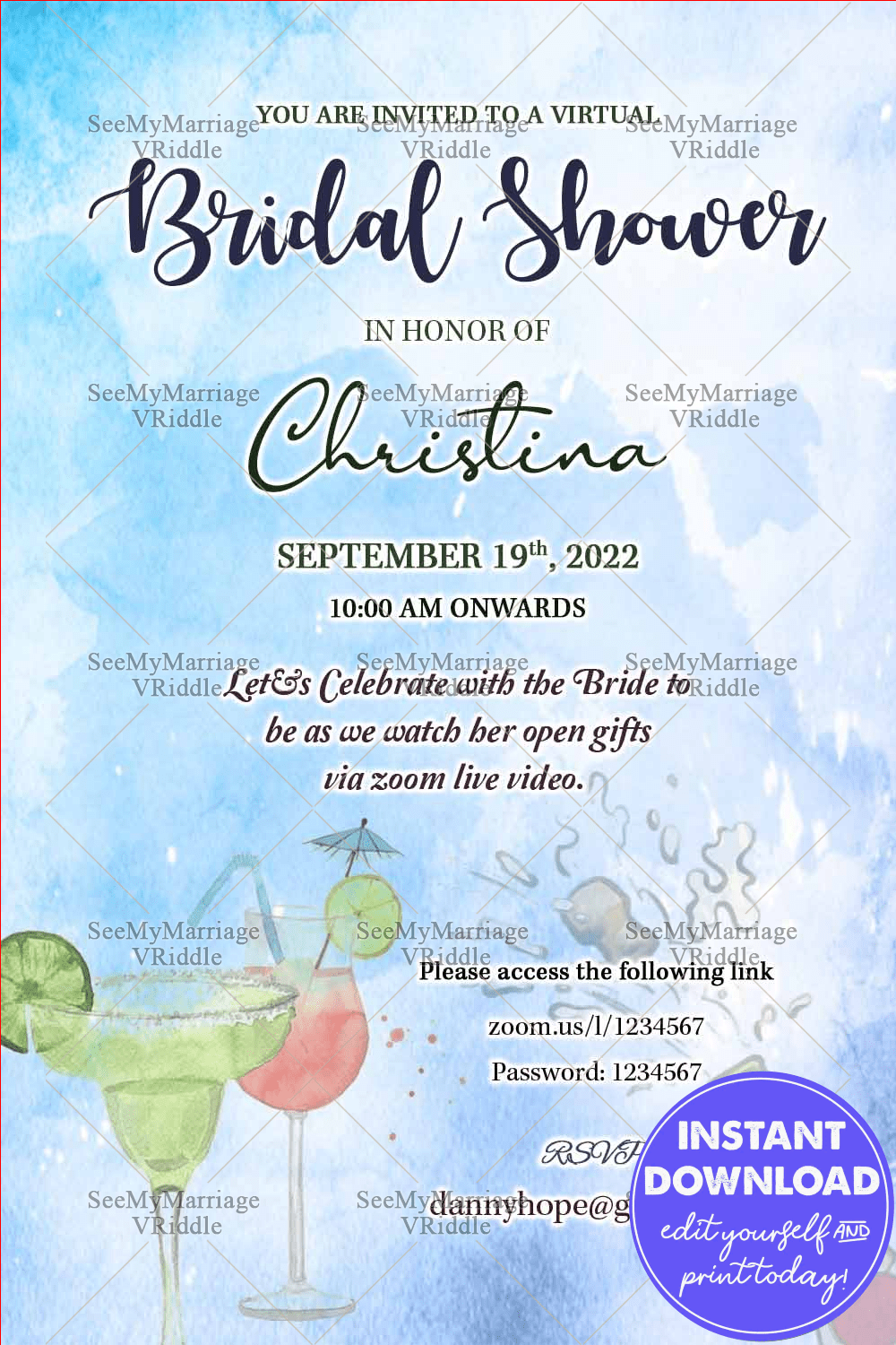 Bridal Shower Blue Theme Virtual Party Invitation Card