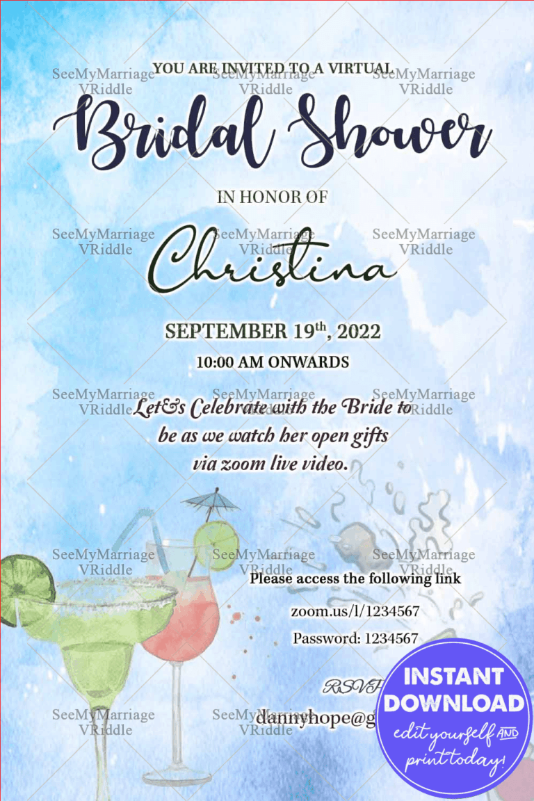 Bridal Shower Blue Theme Virtual Party Invitation Card