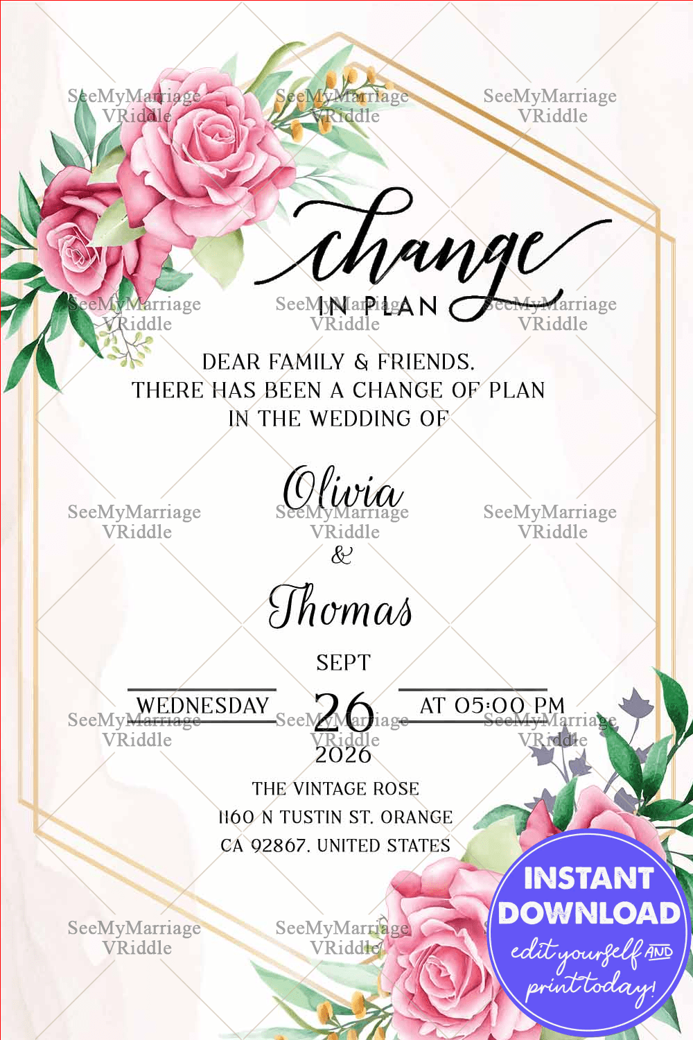 Change In Plan, Change In Wedding Date Announcement E Card