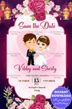 Christian Save The Date Invitation Couple Characters Pink Floral And Lamps