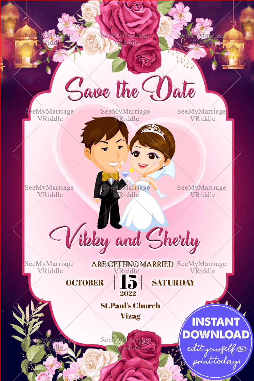 Christian Save The Date Invitation Couple Characters Pink Floral And Lamps
