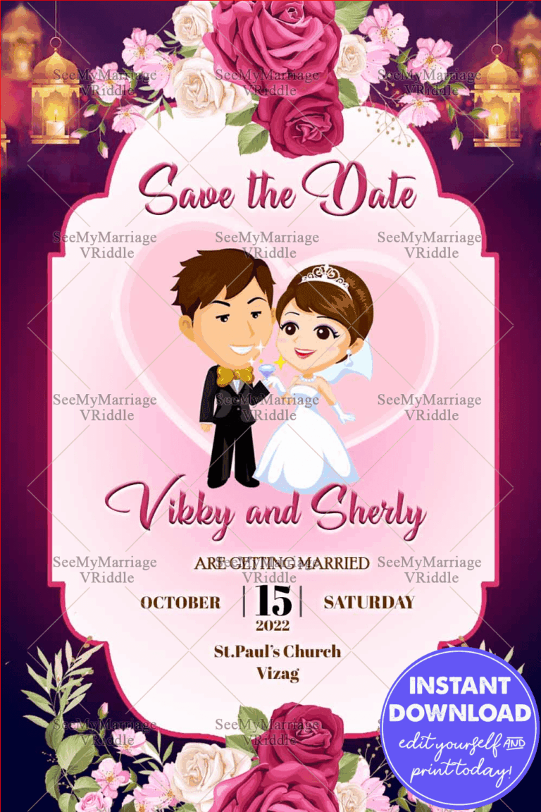 Christian Save The Date Invitation Couple Characters Pink Floral And Lamps