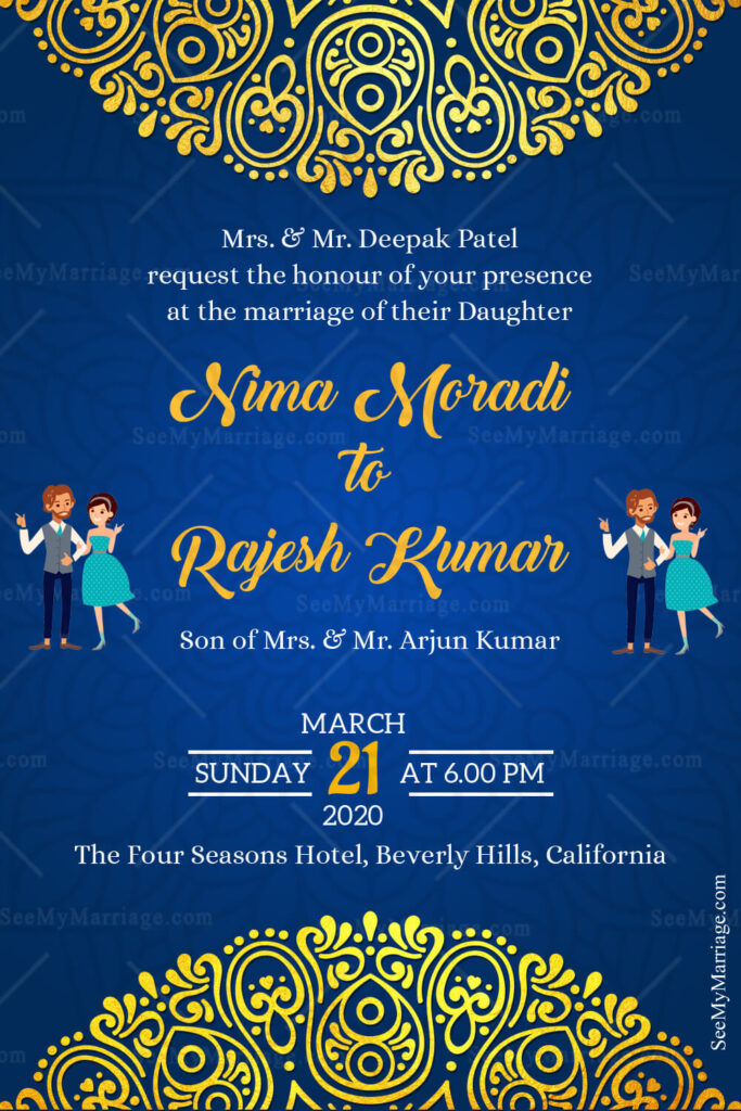 Elegant Gold And Blue Theme Wedding Invitation Card - Pattern Designs