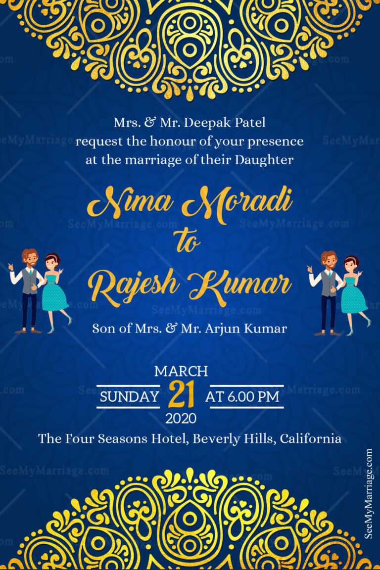 Elegant Gold And Blue Theme Wedding Invitation Card - Pattern Designs