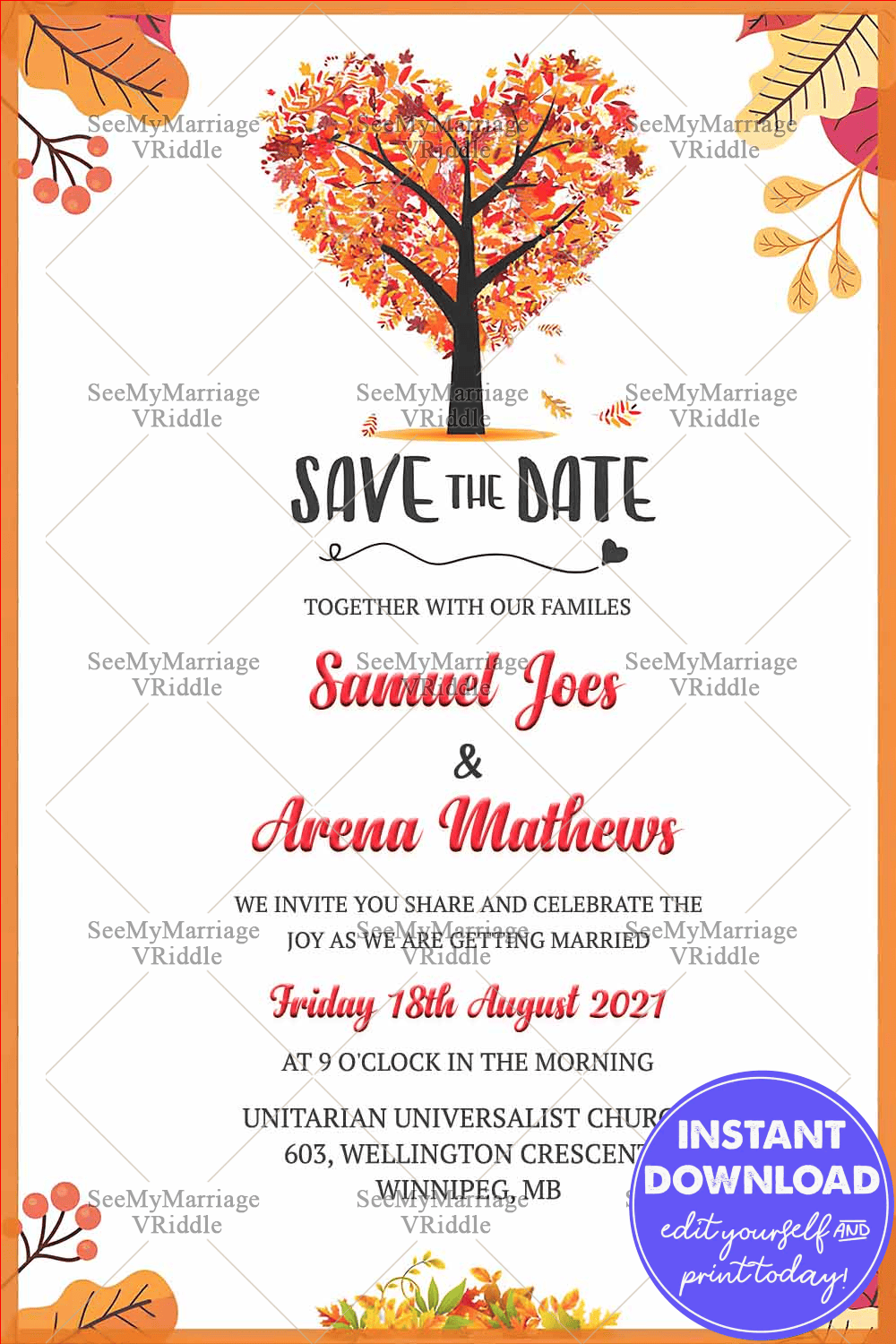 Fall Save The Date Wedding Invitation – Instantly Editable, Canadian Ecard