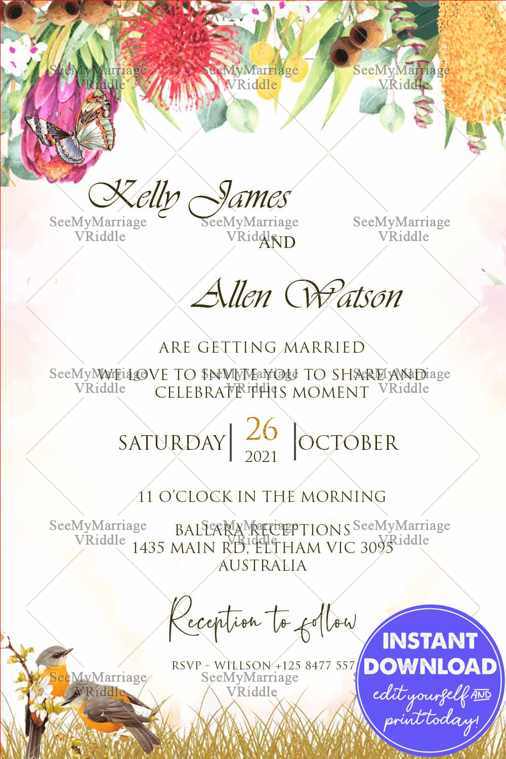 Floral Kookaburra Theme Personalized Australian Wedding Invitation Card