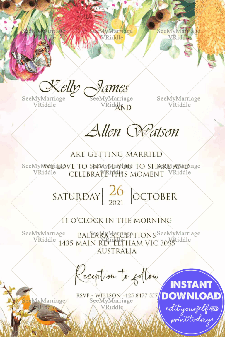 Floral Kookaburra Theme Personalized Australian Wedding Invitation Card