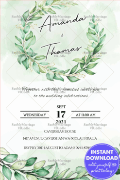 Greenery, Bohemian, Eucalyptus Wedding Invitation, Instantly Editable