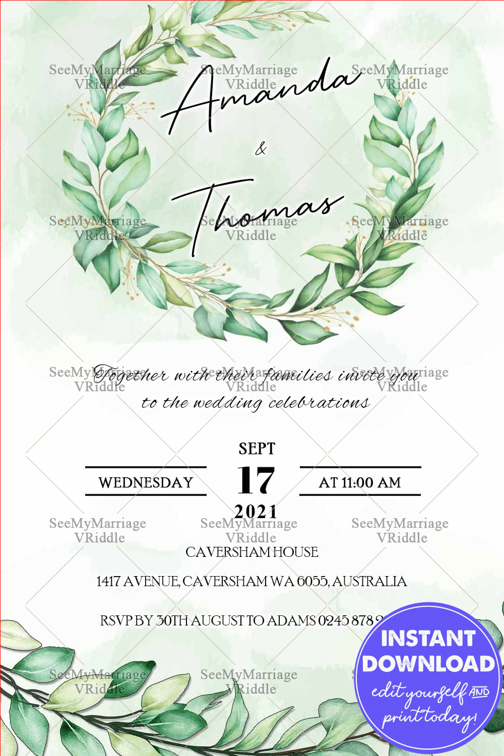 Greenery, Bohemian, Eucalyptus Wedding Invitation