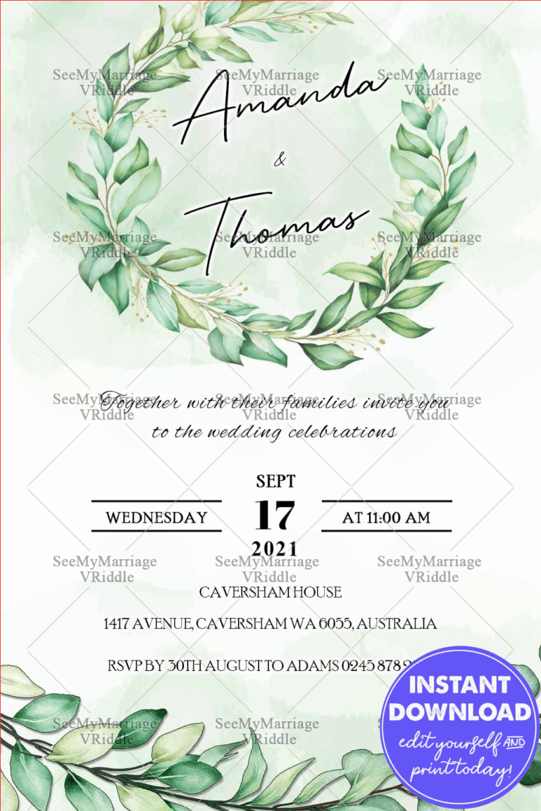 Greenery, Bohemian, Eucalyptus Wedding Invitation, Instantly Editable