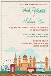 wedding save the date, destination wedding, destination save the date, london theme wedding invitation, cream texture long skyline theme card