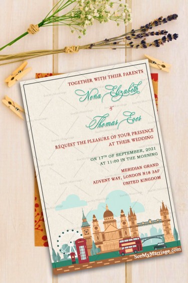 destination wedding, destination save the date, london theme wedding invitation, cream texture long skyline theme card