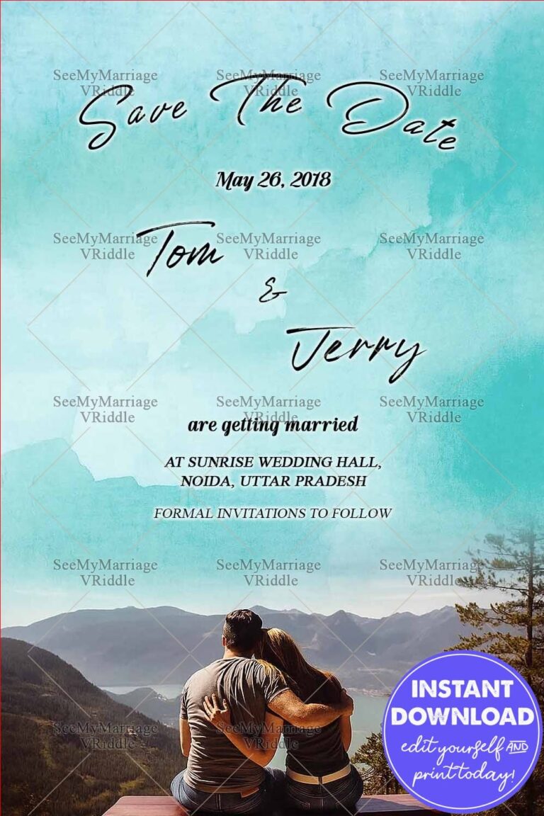 Lovely Destination Wedding Save The Date Card - Blue Green Watercolor Mobile Invite