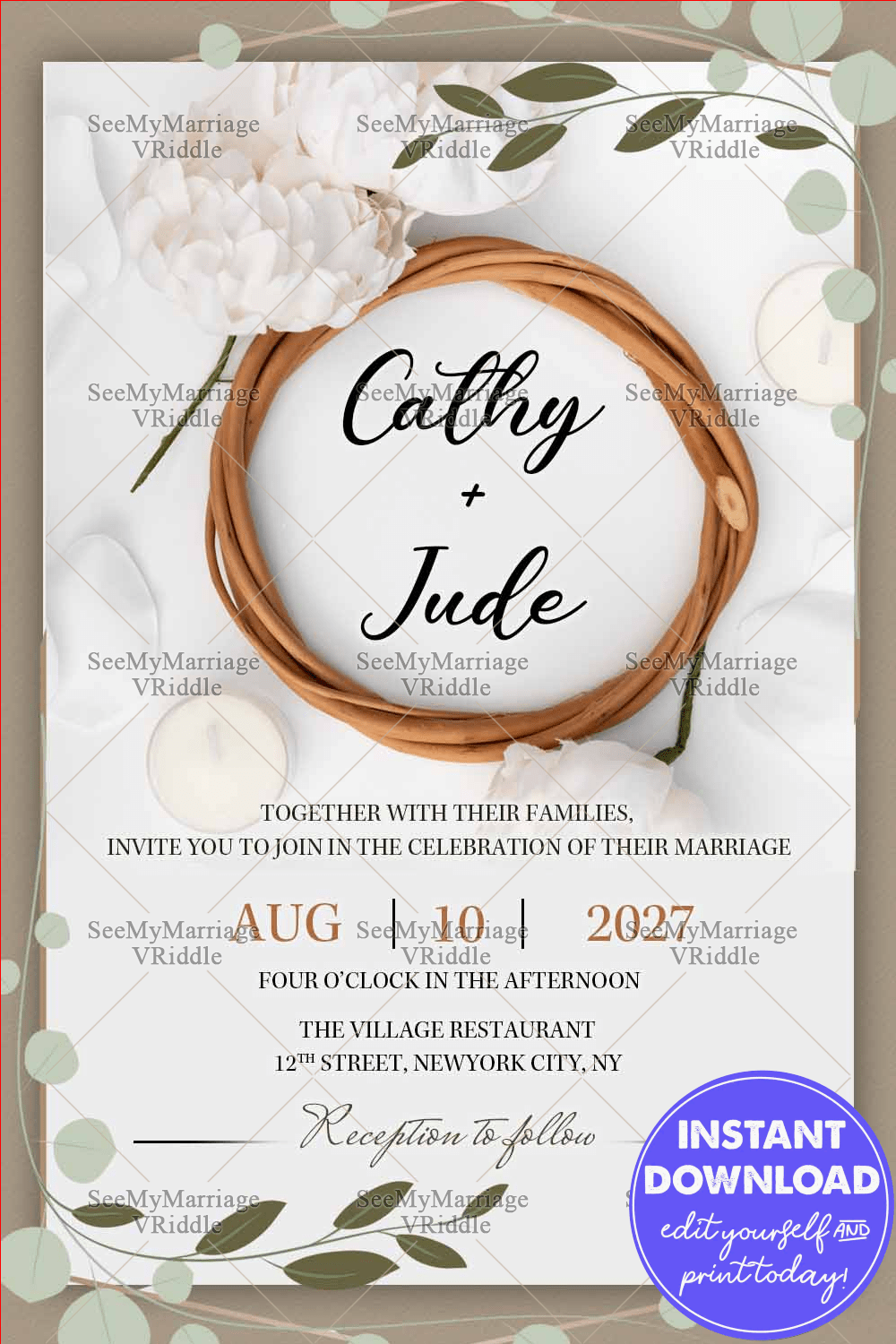 Olive Wedding Invitation, Rustic Green, Instantly Editable