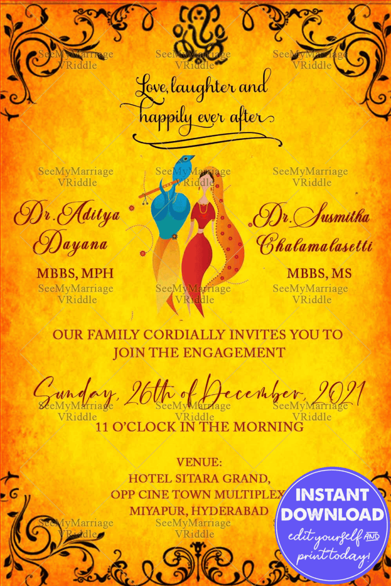 Golden Yellow Radha Krishna Wedding Invitation Card