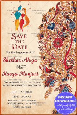 Radhe Krishna Save The Date Card, Paisley Pattern, Retro Style, Hindu Wedding Invitations