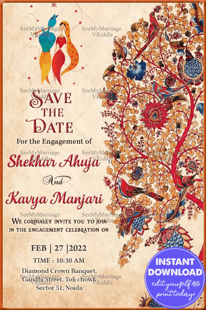 Radhe Krishna Save The Date Card, Paisley Pattern, Retro Style, Hindu Wedding Invitations