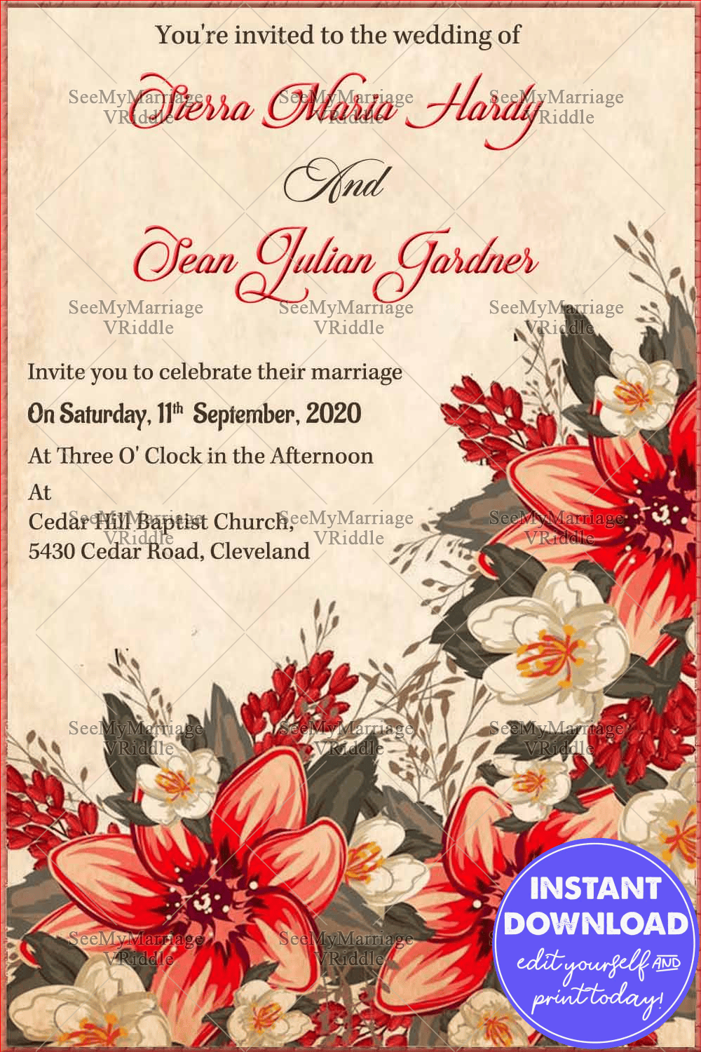Red Floral Wedding Invitation Card