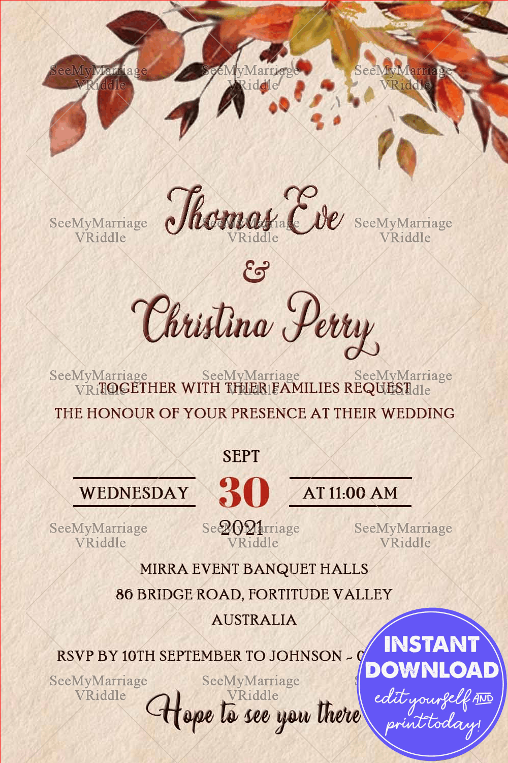Rustic Fall Wedding Invitation, Australian Native, Instantly Editable Card
