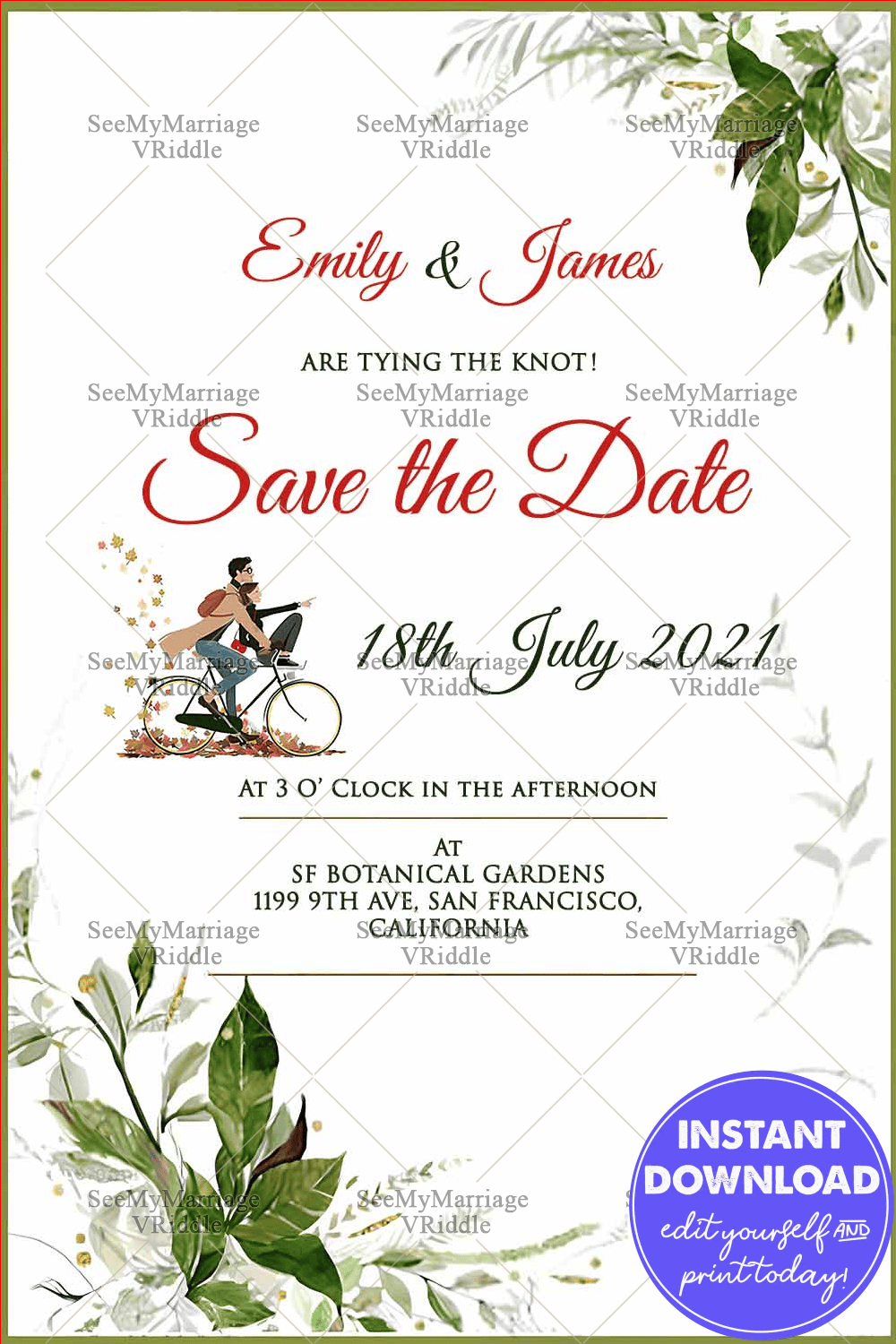 Save The Date Card Cartoon Couple Bicycle Wedding Invite