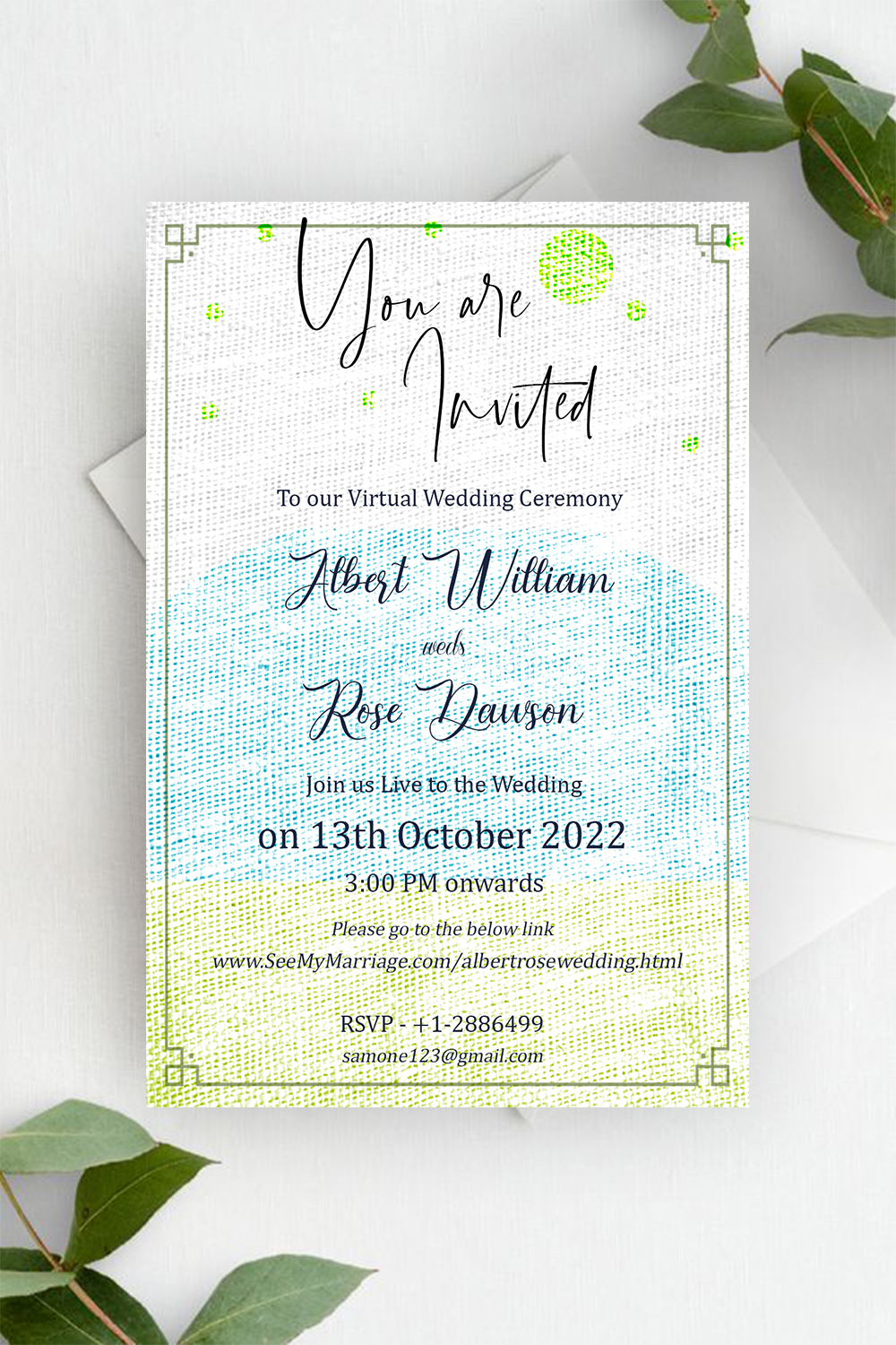 Simple White Theme Virtual Wedding Invitation Card With Bg