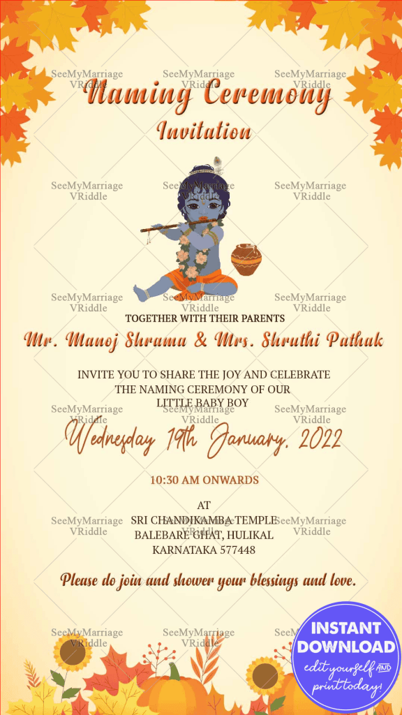 Sri Krishna Traditional Naming Ceremony Leaf And Flower Theme Card ...