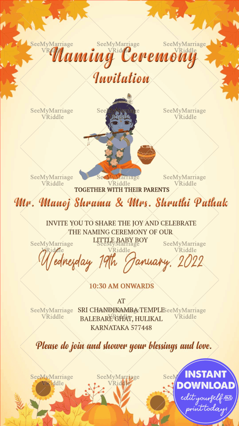 Sri Krishna Traditional Naming Ceremony Leaf And Flower Theme Card