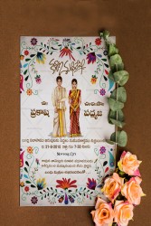 Wedding card, Telugu wordings, Eucalyptus vain, Floral frame, board, Spring, Roses, Hindu cartoon couple, Caricature, Sketches