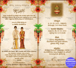 Telugu Wedding Invitation Card - Hindu Cartoon Couple, Traditional Floral Hangings, Texture Card