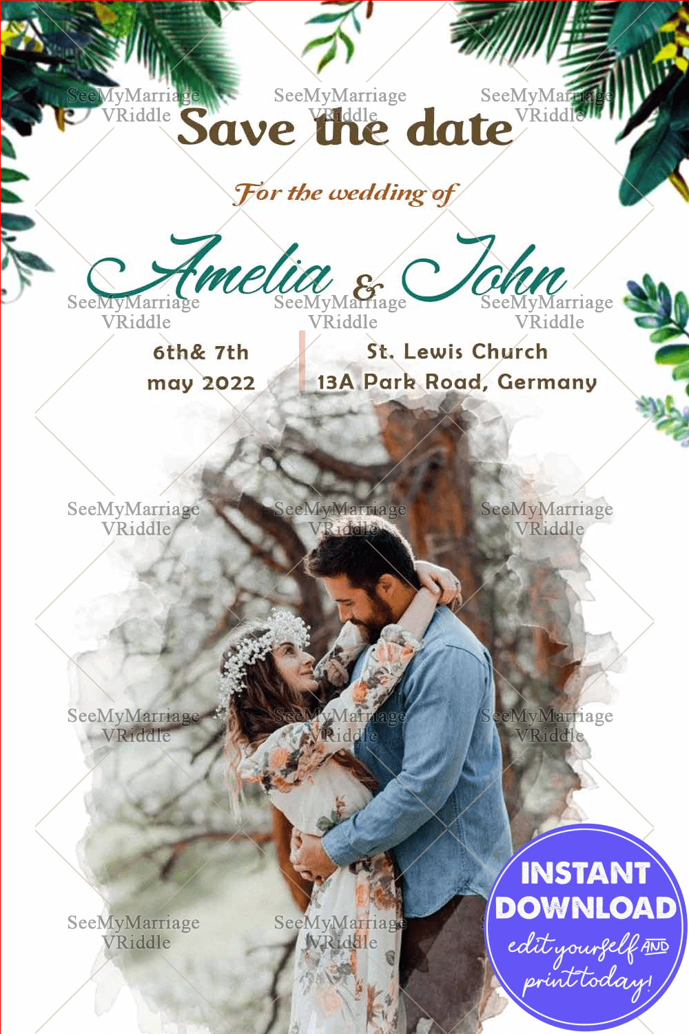 Watercolor Wedding Save The Date Card
