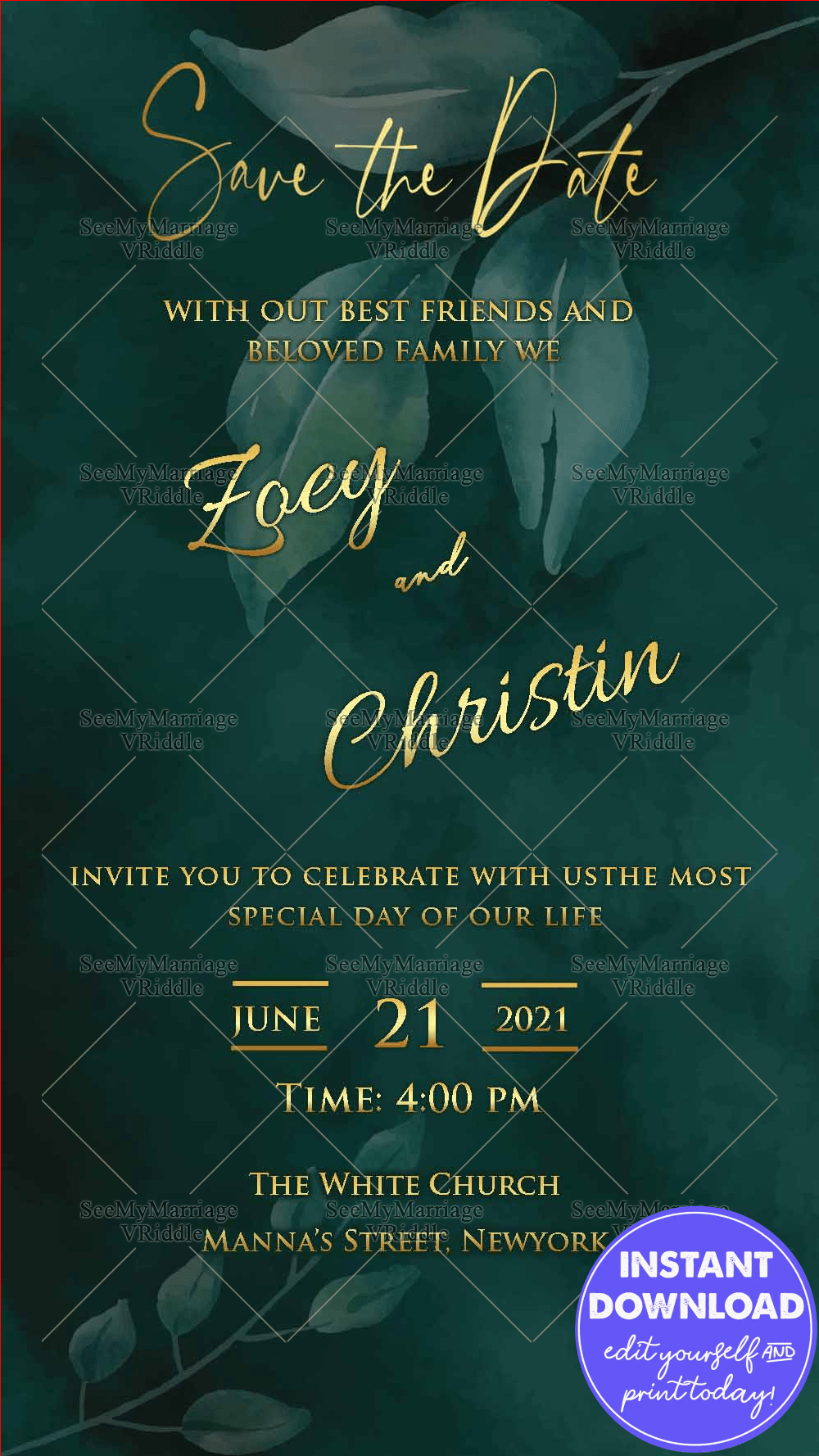 Wedding Save The Date Announcement Invitation Card Green Theme Golden Text