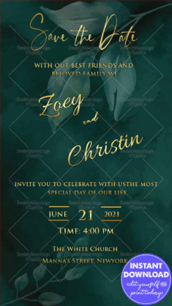 Wedding Save The Date Announcement Invitation Card Green Theme Golden Text
