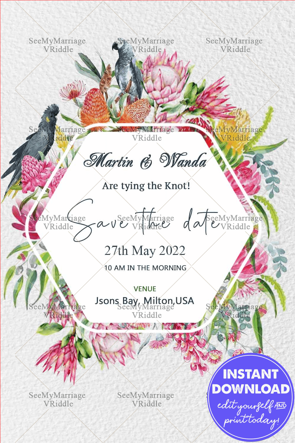 White Texture Floral Wedding Invitation Whatsapp Card With Macaw Birds