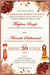 Hindu, floral, pastel, wedding card, frame, wood, texture, pattern, floral corners, Hindu cartoon couple, red dress, Rajasthani, Punjabi, Envelop, Letter, Post card
