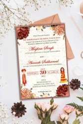 Hindu, floral, pastel, wedding card, frame, wood, texture, pattern, floral corners, Hindu cartoon couple, red dress, Rajasthani, Punjabi, Envelop, Letter, Post card