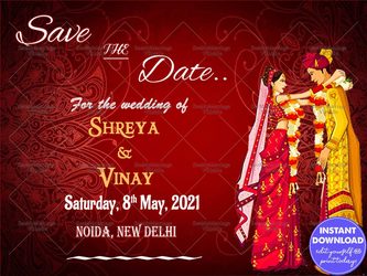 North Indian Save The Date Card, Red Theme, Couple Cartoon Characters