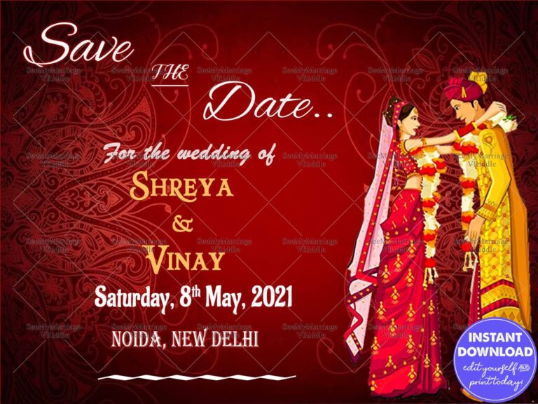 North Indian Save The Date Card, Red Theme, Couple Cartoon Characters