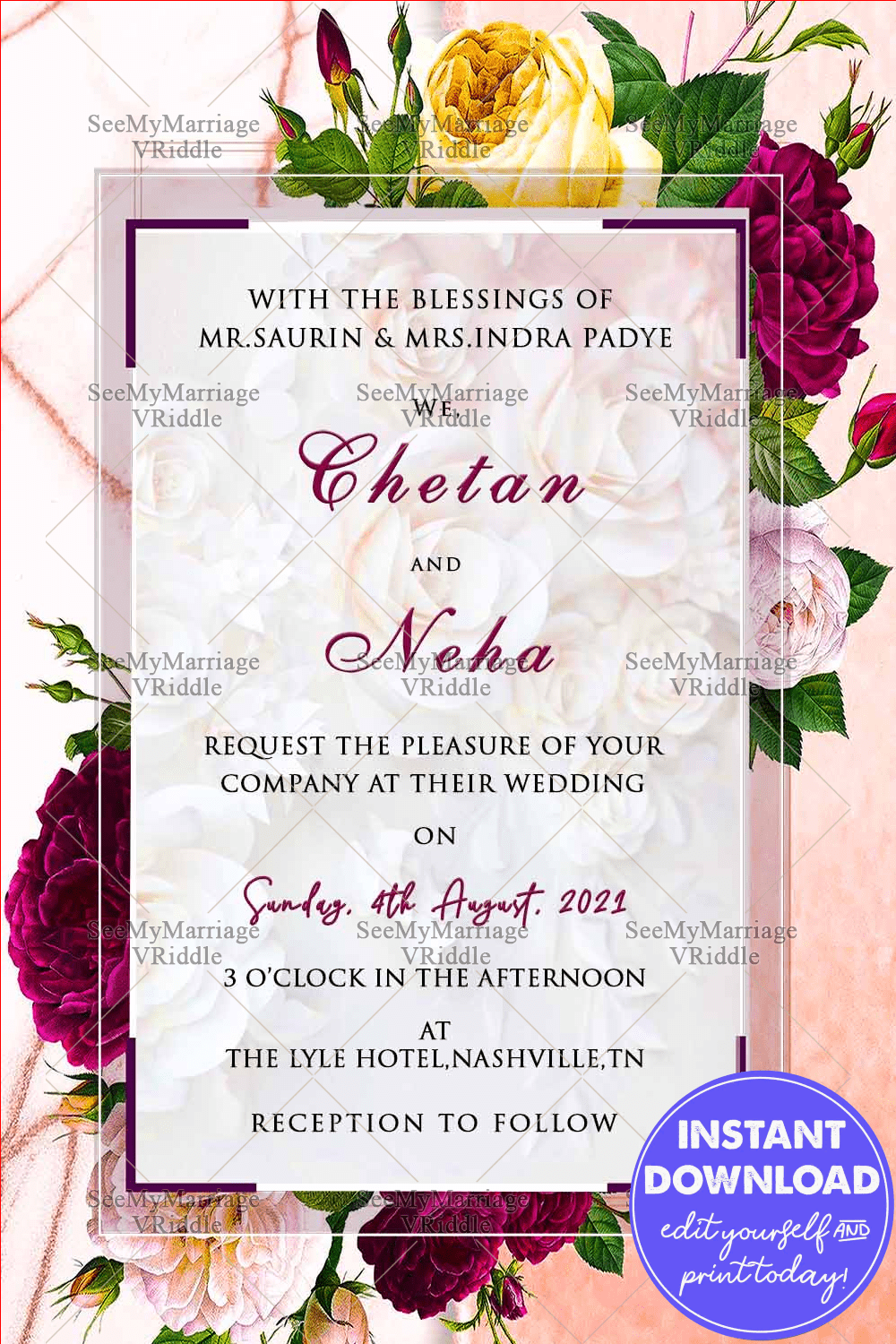 Bohemian Floral Wedding Card, Bouquet, Roses, Spring Invitation