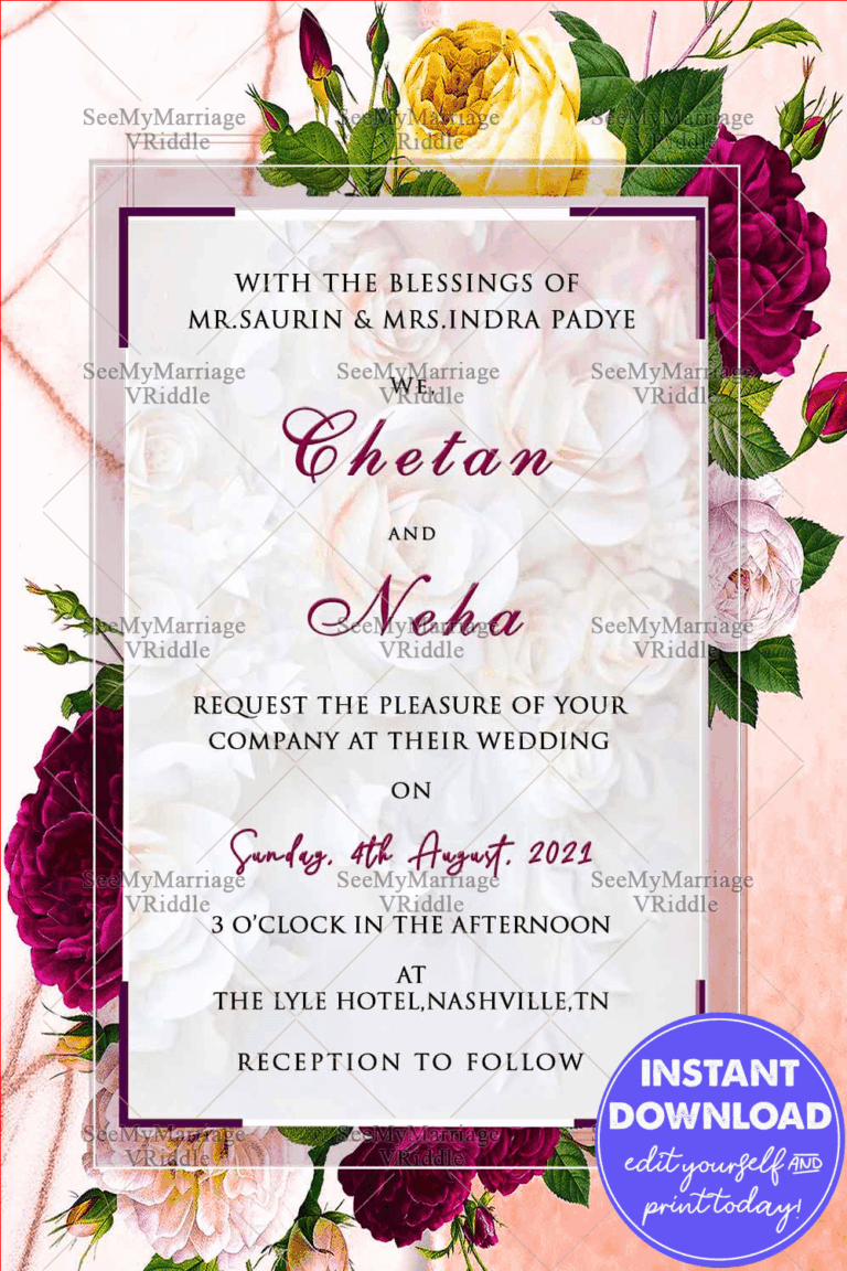 Bohemian Floral Wedding Card, Bouquet, Roses, Spring Invitation