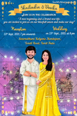 Creative Tamil Wedding Invitation, Caricature, Blue And Gold Theme