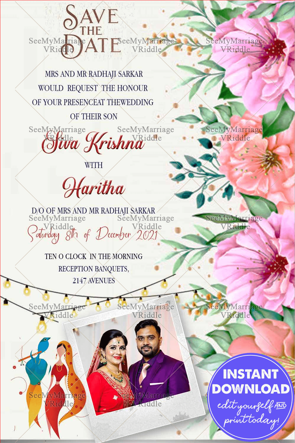 Floral With Photo Save The Date Radha Krishna Card