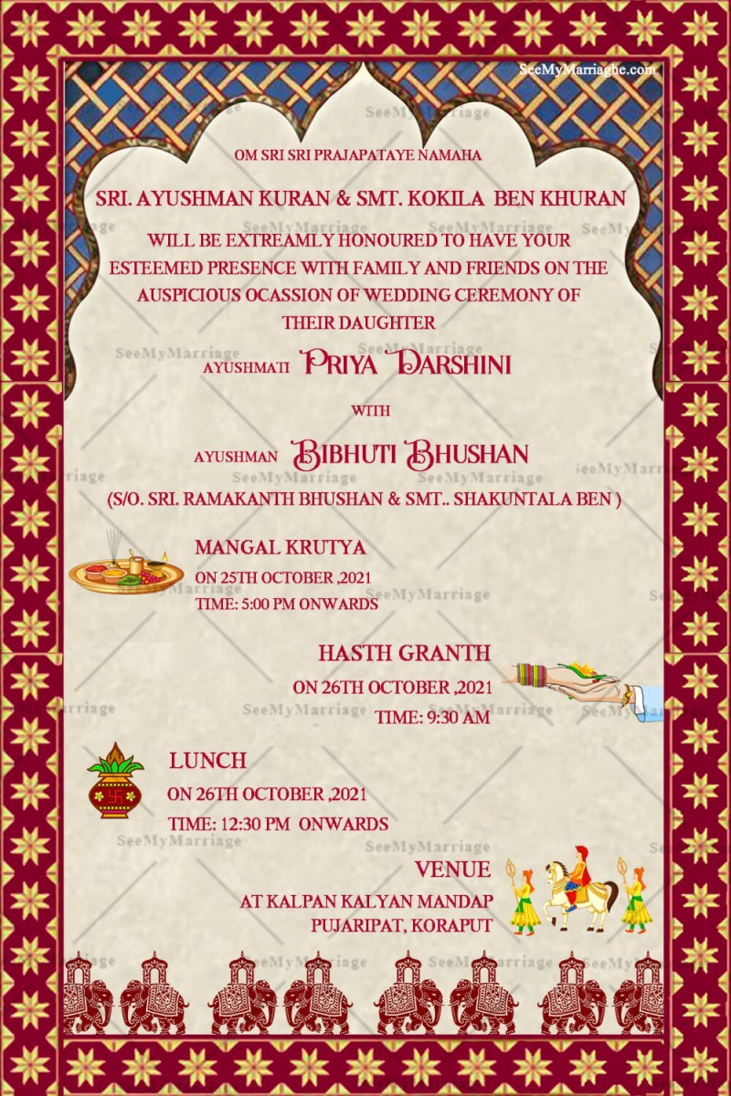 Traditional Red And Blue Theme Odiya Wedding Invitation Card 